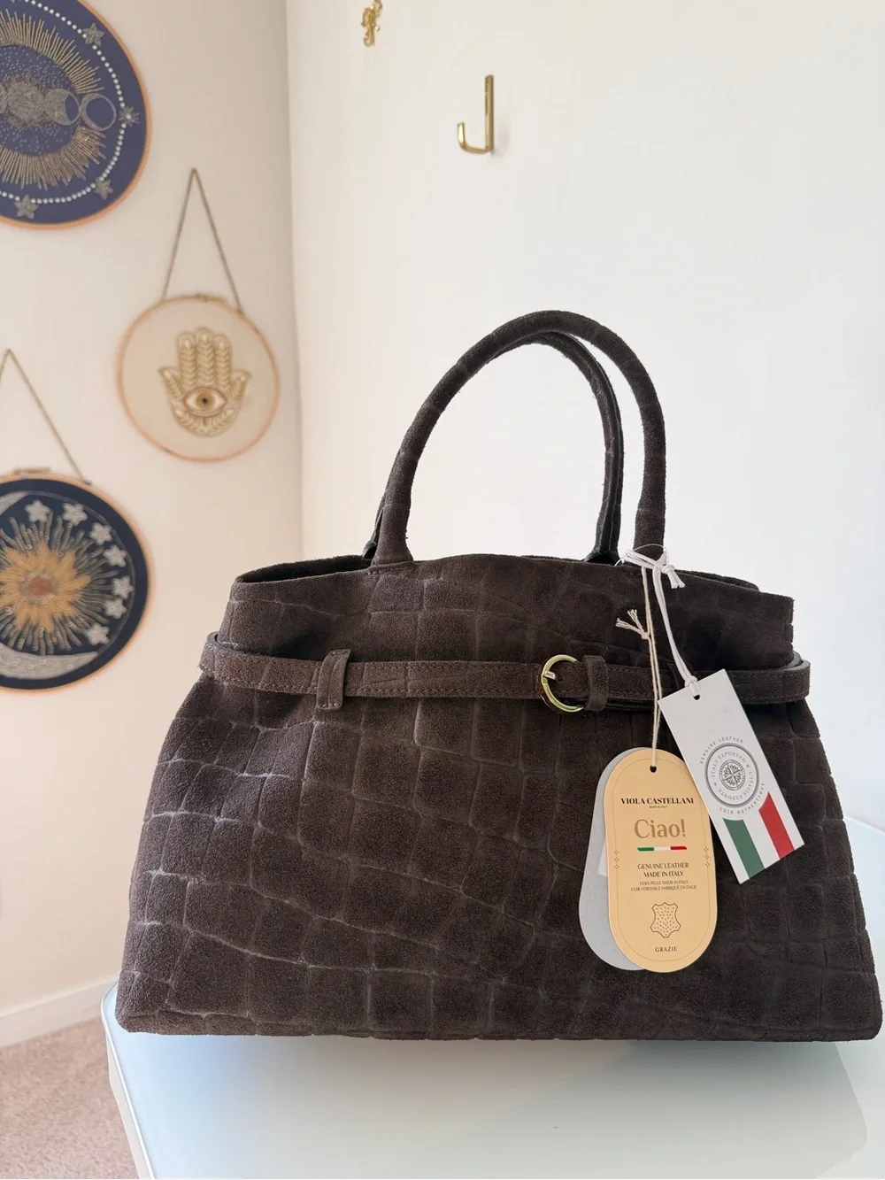 Dark Brown Suede crocodile embossed satchel Bag with gold Buckle and strap